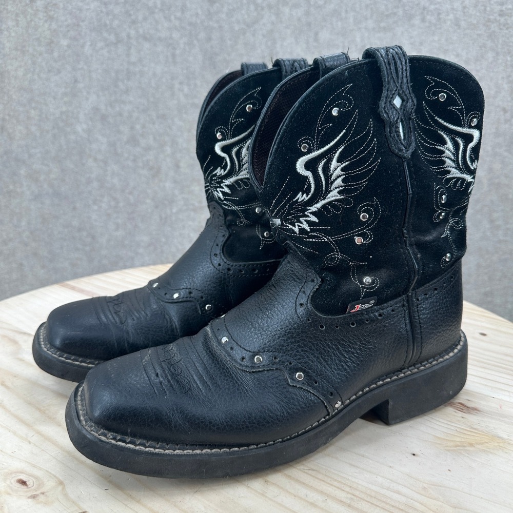 Justin Gypsy Mandra Cowgirl Boots Womens 10 Black Suede Leather Rhinestone Wing